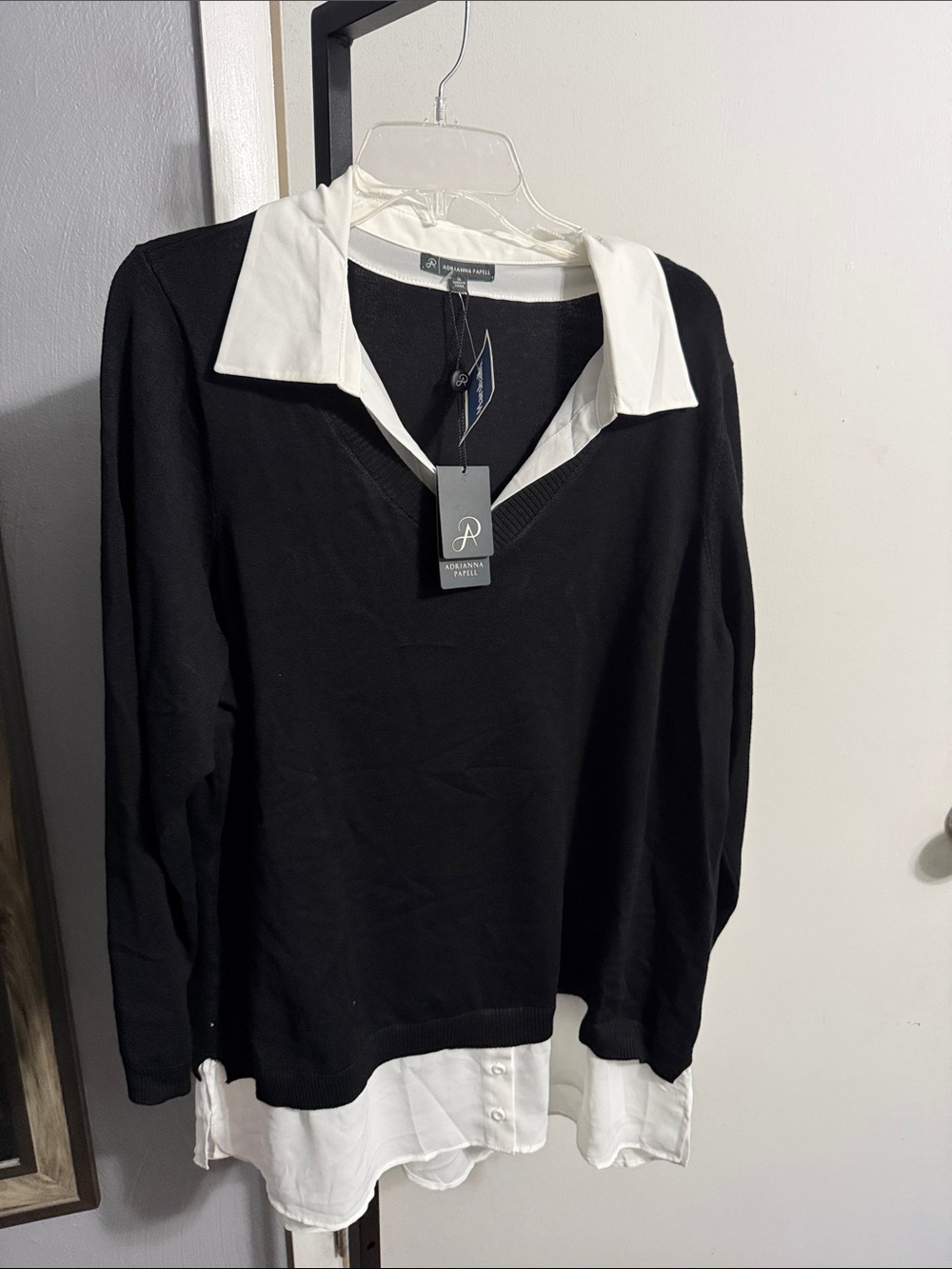 Adrianna Papell Black V-Neck Layered built in Sweater with White Collar